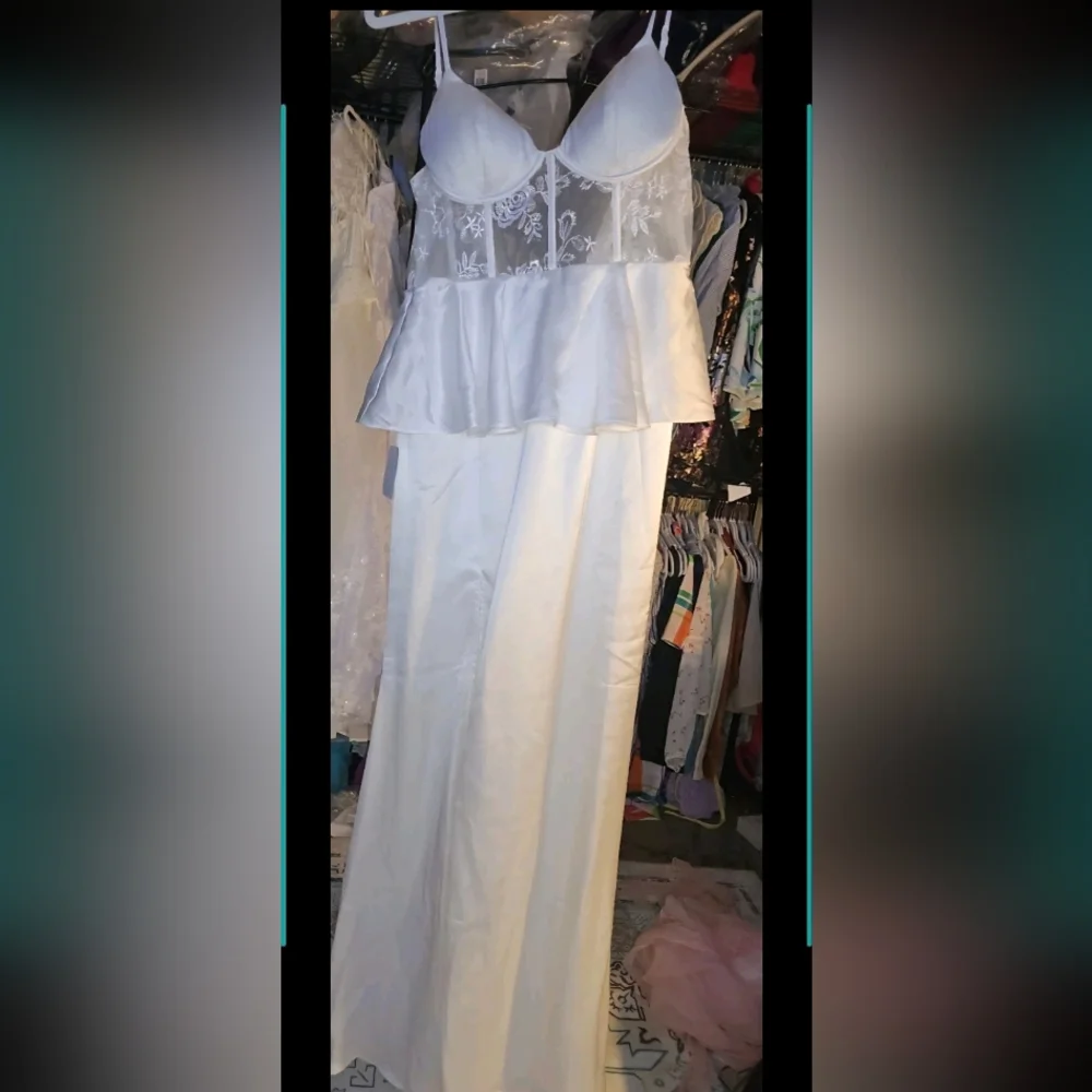 Lulus Iconic Adoration Wedding Dress New M White Satin Peplum Sheer Bustier Maxi - Picture 1 of 5